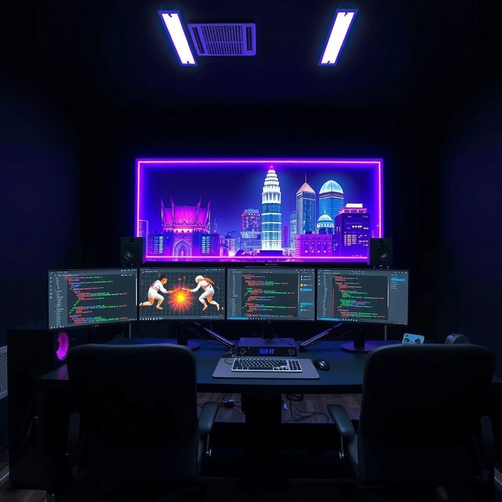 Gaming development studio background with neon accents